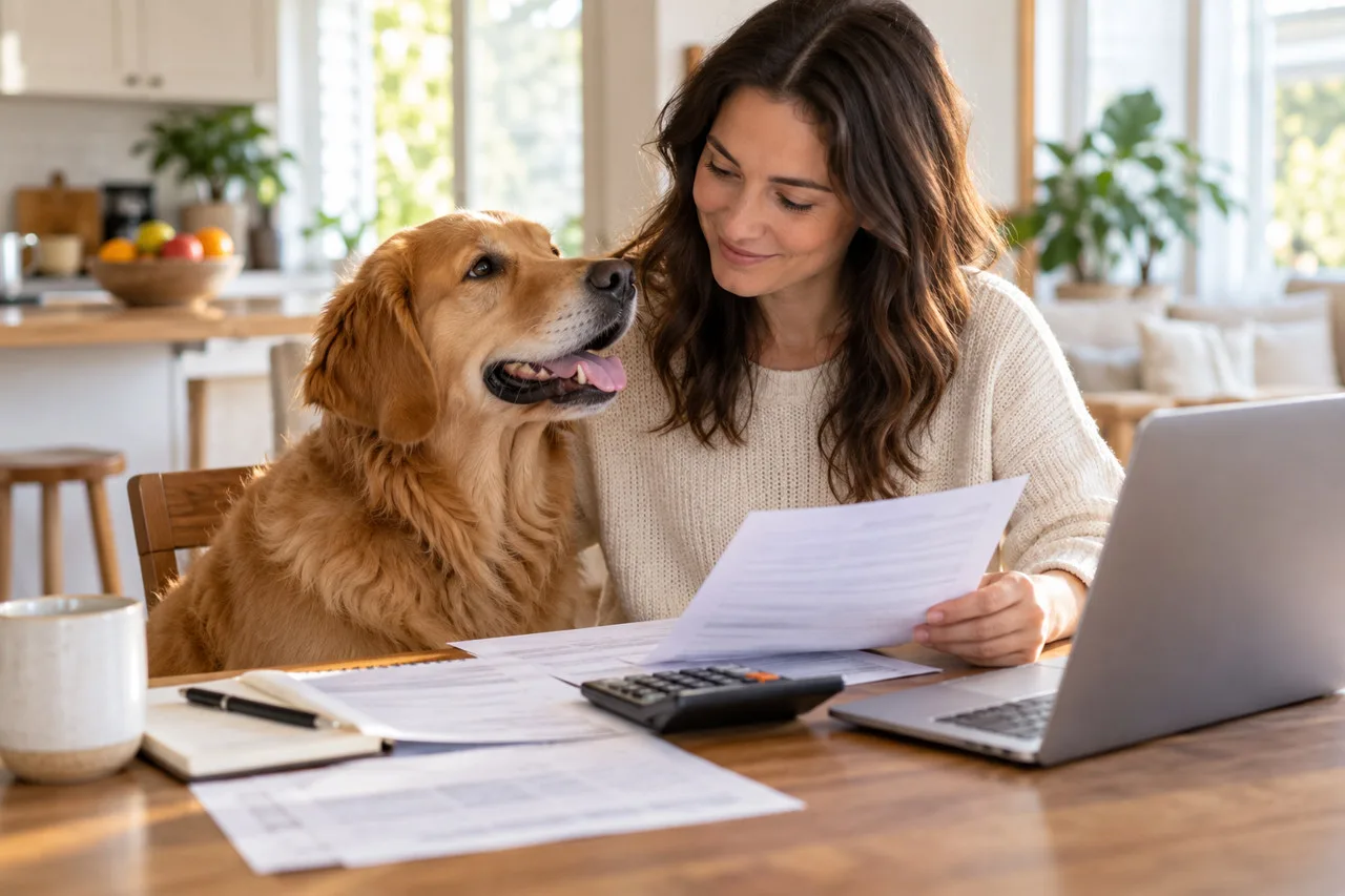 Owner reviewing documents beside a dog